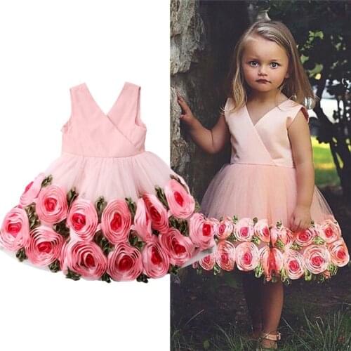 Princess Kids Girl Flower Dress Sleeveless V-Neck High Waist Lace Tutu Tulle Wedding Party Dress Girl Back Bow Ball Gown 2-8Y