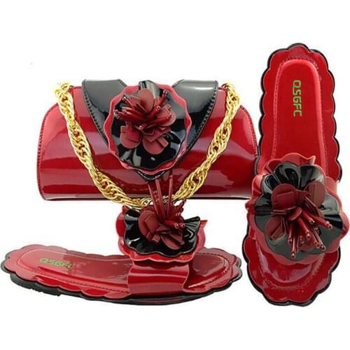 Italian Design Woman Flat Slippers And Bag With Varnished PU Leather Material Shoes And Bags African popular Shoes And Bag