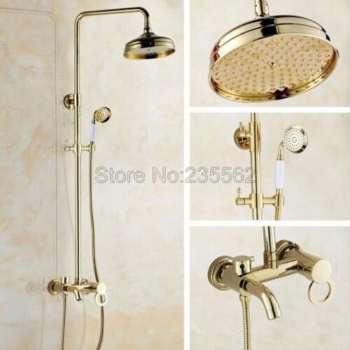Gold Color Brass Bathroom 8 inch Shower Rainfall Style Faucet Set with Wall Mounted Single Handle Bathtub Mixer Tap lgf411