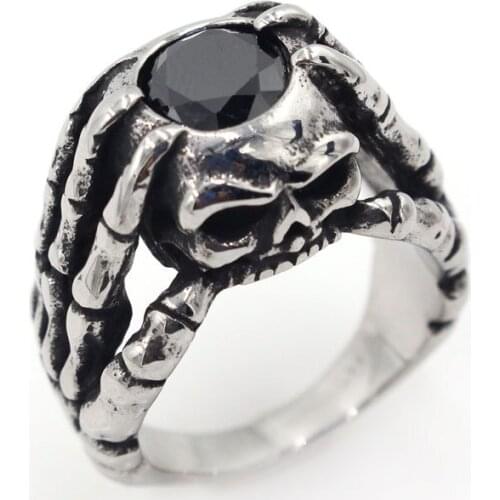 Retro Personality Claw Ghost Ring Black Gem Silver Plated Ring Mens Motorcyclist Hip Hop Party Jewelry Size Us7-13