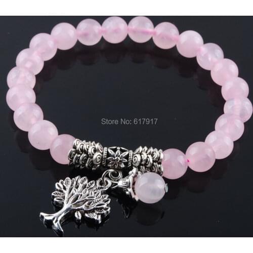 Natural Rose Quartzs Gem Stone 8mm Beads Women Bracelet Healing Reiki Tree Of Life Charm Meditation Bracelet Jewelry 7" TK3219