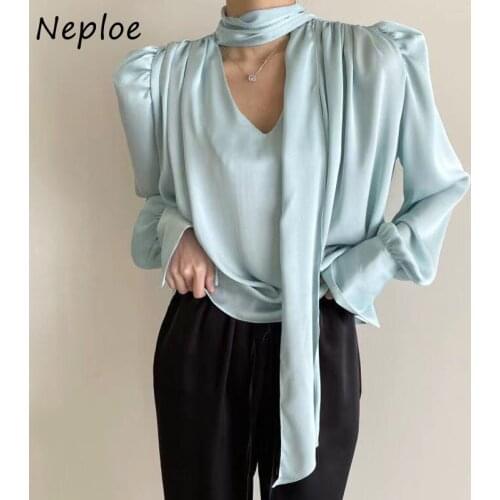 Neploe V Neck Lace Up Bow Design Solid Blouse Women Pullover Long Sleeve Loose Blusas Work Style Ol All Match Shirt Loose