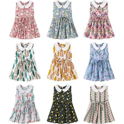 Girls Clothes Dresses Summer Kids Sleeveless Doll Collar Dress Cotton Flower Print Clothing Girl Children Sweet Dress