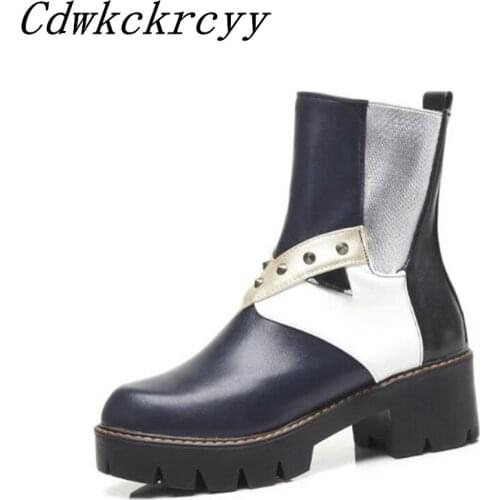 Autumn winter New style fashion European style Blue Patchwork personality High-heeled Short boots Cashmere Keep warm Women Boots