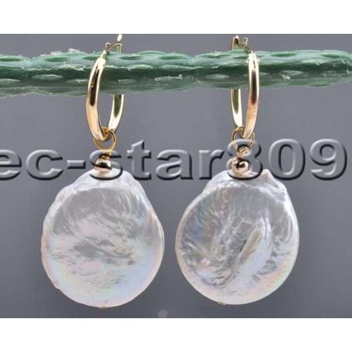 P6290 Big 22MM White Coin Keshi Pearl Dangle Earring Women Fine Jewelry