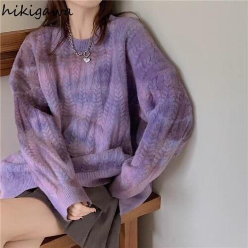 Hikigawa Oversized Pullover Sweater Women Autumn Loose Outer Wear Color Tie-dye Knitted Tops Korean Temperament Vintage Jumpers