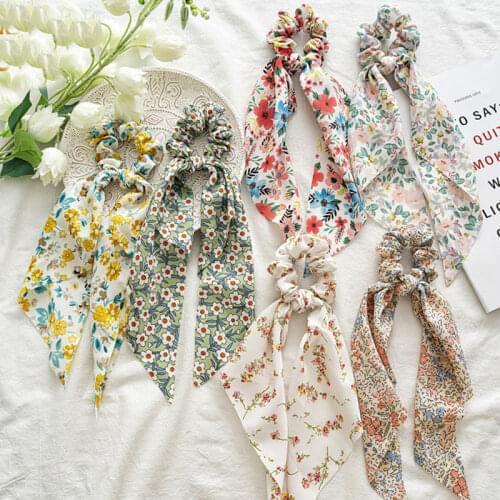Floral Print Bow Satin Long Ribbon Ponytail Scarf Hair Tie Scrunchies Women Girls Elastic Hair Bands Hair Accessories Summer New