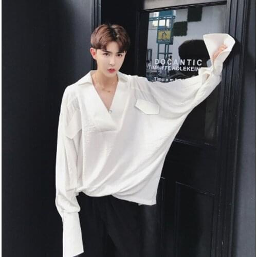 Black white v neck oversize men shirt punk hip hop long sleeve blouse korean style big size men shirts casual plus size clothes