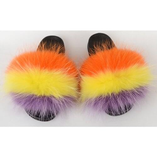 Summer Womens Real Raccoon Fur Slippers Fashion Multicolor Indoor Non-Slip Fluffy Fur Raccoon Home Sandals