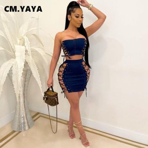 CM.YAYA Women Lace Up Midi Mini Skirts Set for Streetwear Denim Fashion Strapless Crop Tops Matching Two 2 Piece Set Outfits
