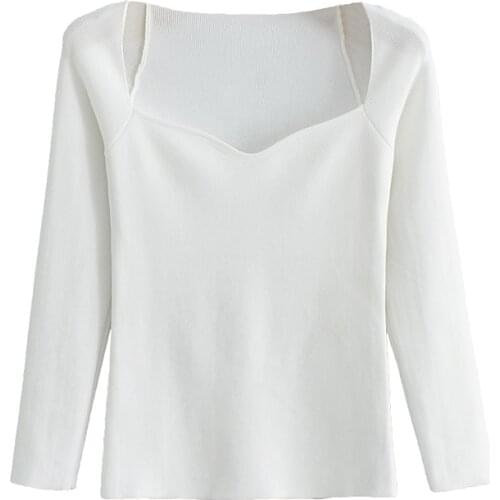 Top Womens t-shirts spring autumn solid color Square neck slim Knitted Sweaters top harajukuv sexy short-sleeved woman tshirts