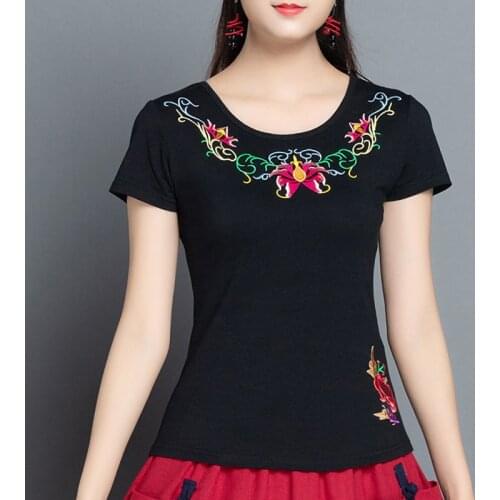 Summer Tops Ethnic Embroidery Short sleeve T shirt O neck Cotton Tees Ladies Plus size Clothes Solid color Black