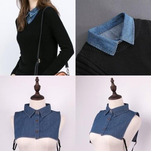 Women Men Autumn Washed Denim Cotton False Fake Collar Button Down Detachable Lapel Half Shirt Blouse Sweater Decorative