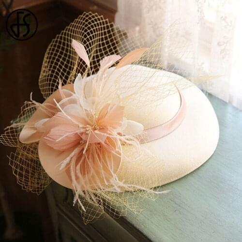 FS Women Fascinator Hat Pink Wide Brim Cocktail Wedding Top Party Church Hats Fashion Flower Veil Bride Kentucky Derby Hat