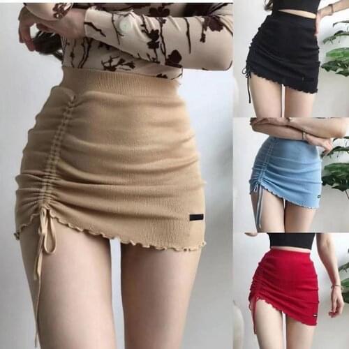 Womens Knitted Thread Side Drawstring High Waist Skirt Elastic Pleated Sexy Slim Adjustable Hip Mini Skirt