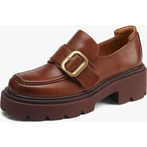 GUIDIBASIC Womens Loafers Genuine Leather Round Toe Platform Shoes Retro British Style Flat Heel Shoes