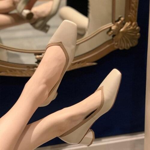 Osunlina 2021 New Pumps Woman Red Blue Yellow Genuine Leather Square Heels Toe Shallow Handmade Elegant Lady Office Shoes A344