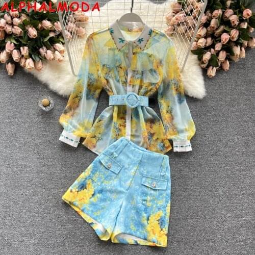 ALPHALMODA 2021 Summer New Floral Printed Belted Shirts + High Waist Shorts 2pcs Suit Women Crystal Collar Vintage Set