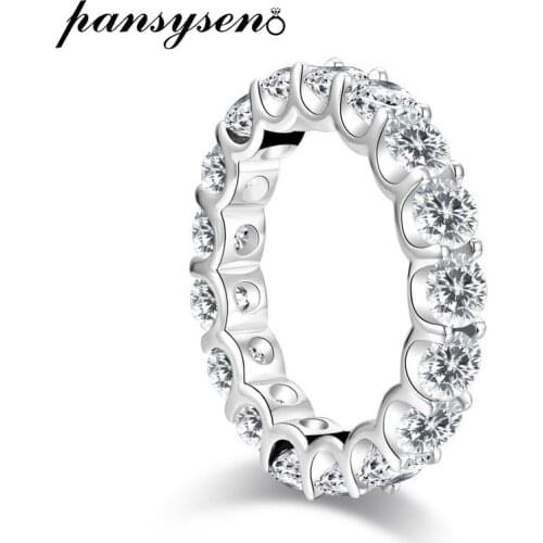 PANSYSEN 100% Silver 925 Jewelry Wedding Bands Engagement Ring Eternity Simulated Moissanite Diamond Round Circle Finger Rings