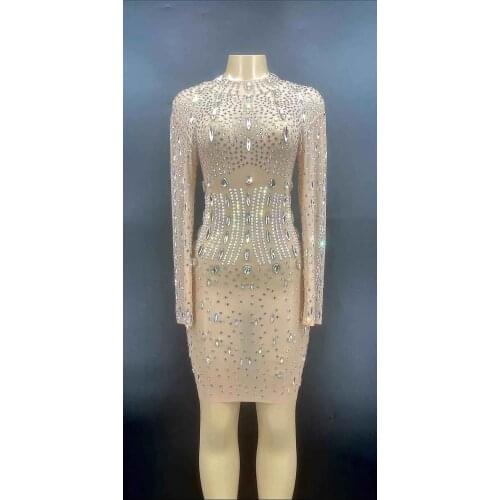 Nude See Through Mesh Silver Crystals Dress Women Birthday Celebrate Transparent Long Sleeve Prom Sexy Stones Costume