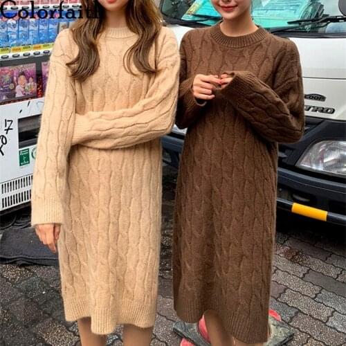 Colorfaith New 2020 Autumn Winter Women Dresses Knitted Korean Style Fashionable Oversize Warm Elegant Lady Midi Dress DR1103JX