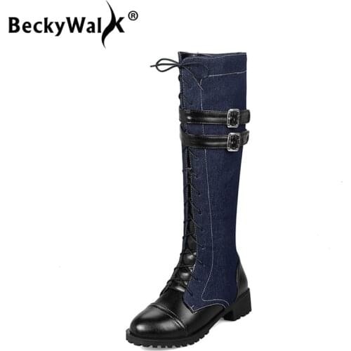 BeckyWalk Fashion Lace-Up Plush Women Winter Boots Denim High Motorcycle Boots Autumn Women Thick Heel Knee High Boots WSH3026