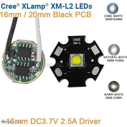 Cree XML2 XM-L2 T6 Cool White Warm White Neutral White 10W LED Emitter 16mm or 20mm Black PCB with 16mm DC3.7V 2.5A 5Mode Driver