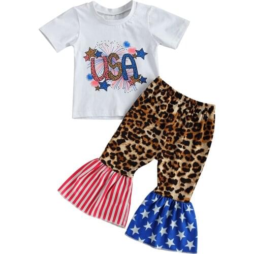 Independence Day Summer Baby Girls Clothes Sets Letter Printed Short Sleeve T Shirts Leopard Flare Pants 0-3Y
