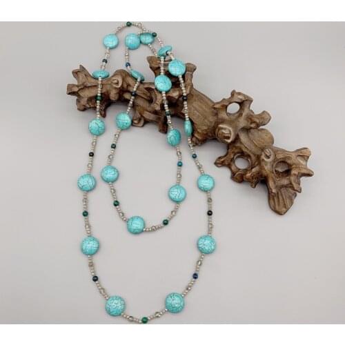 FoLisaUnique Coin Shape Turquoise Necklace For Women Girls 4mm Azurite Gray Crystals Long HandmadeTrendy Jewelry 44 Inch
