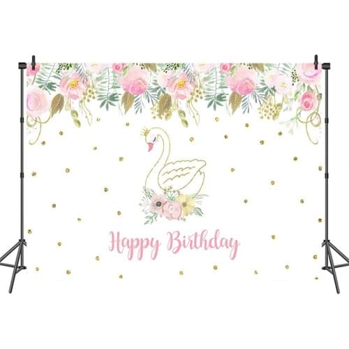 Happy Birthday Backdrop for Photography Swan Bithday Party for Girl Baby Shower Backdrops photo shoot background