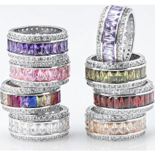 Hot Luxury 8 Styles Square Zircon Full Row Rings For Women Trendy Silver Plated Female Jewelry Wedding Party Birthstone Gifts