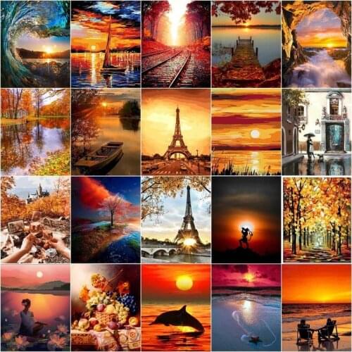 CHENISTORY Oil Painting By Number The Setting Sun Landscape Handpainted Kits Drawing Canvas Pictures Oil Painting Home Decor