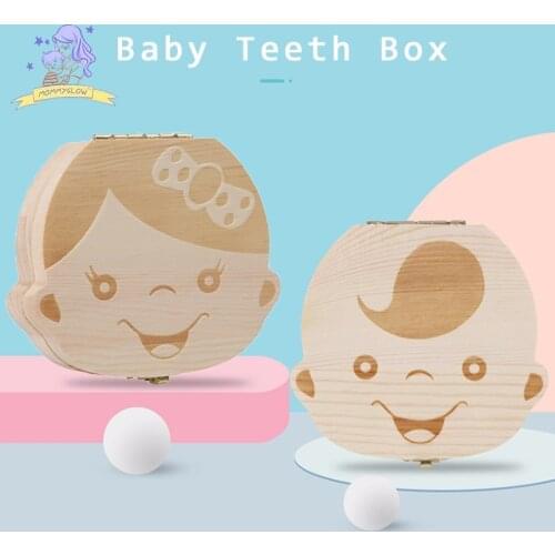 Baby Teeth Box English French Spanish Russian Dutch Letter Baby First Curl Storage Wooden Boys Girls Organizer Souvenir Gift