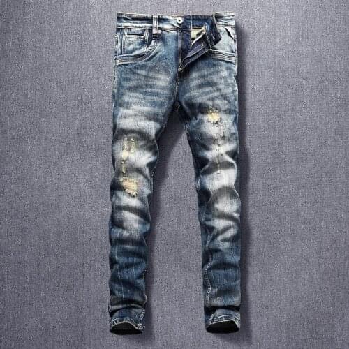 Italian Style Fashion Men Jeans High Quality Slim Fit Patchwork Hip Hop Ripped Denim Pants Retro Vintage Designer Long Trousers