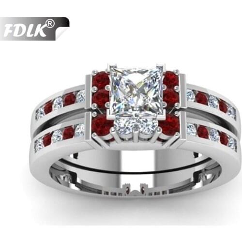 FDLK 2pcs set Women Alloy Ring White Crystal Staggered Square Ring Bridal Engagement Wedding Ring Set Size 5-12