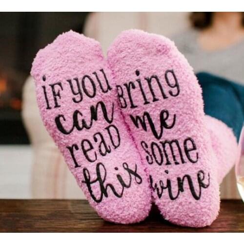 1pair/lot Women Soft Warm Pink fleece Socks if you can read this please bring me some wine Socks Christmas cake socks