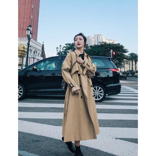 Obrix Basic Fashion Female A-Line Trench V-Neck Full Sleeve Double Breasted Belts Vintage Outerwear For Women