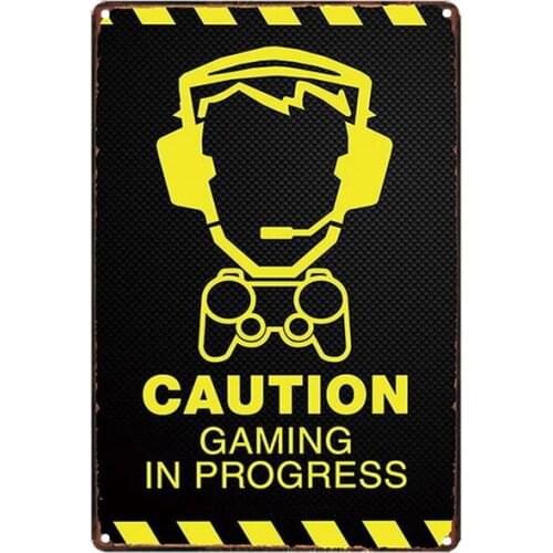Caution Gaming In Progress Tin Sign Vintage Wall Plaques Internet Cafe Bar Game Metal Poster Home Decoration Word Iron Painting