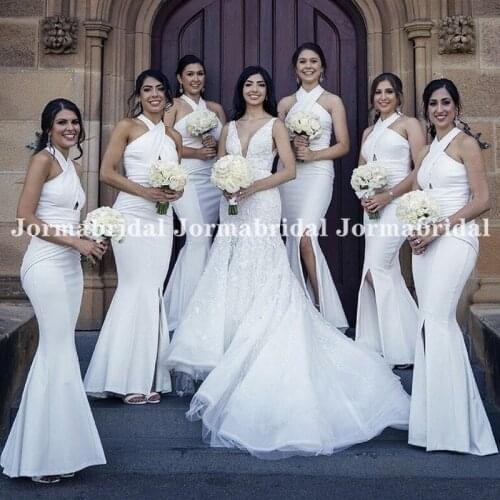 Crisscross High-Neck Keyhole Bridesmaid Dresses With Side Split Custom White Mermaid Long Wedding Guest Dress Robe Longue