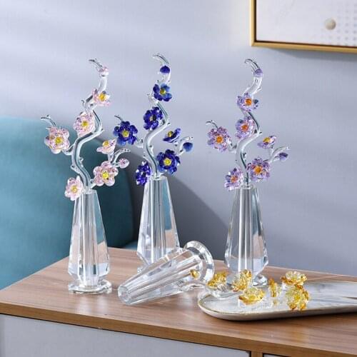 CRYSTAL GLASS PLUM FLOWER FIGURINES CHINESE STYLE FLOWER CRAFT WEDDING VALENTINES DAY GIFTS TABLE DECOR ORNAMENTS (6 COLORS)