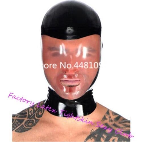 Sexy Black with Transparent Color Latex Hood Mask Rubber Unisex Mask Cosplay Club Wear with back zipper