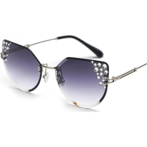 Rhinestone Cat Eye Sunglasses Women Fashion Luxury Deisgner High Quality Metal Rimless Sunglasses Female Vintage Shades Glasses