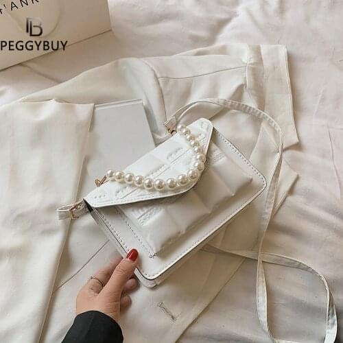 Stone Pattern Small PU Leather Crossbody Bags for Women 2021 Summer Fashion Branded Trendy Luxury Pearl Chain Shoulder Handbags