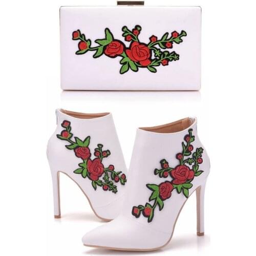 Crystal Queen Boots WomenHigh Heel Boots Lace Flower Ankle Boots Platform Shoes With Matching Bags With Purse Dress Shoes