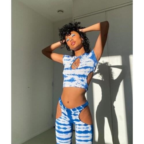 Women Sexy Two-piece Sets Tie-dyed Printed Pattern Round Collar Short Sleeve Tops and Pants Hollow Out Suits Streetwear Outfits