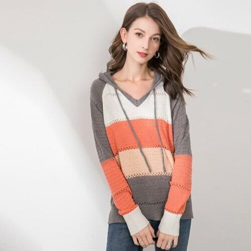Hooded Women Sweater Striped Autumn Spring Long Sleeve Woman Knitwear Highstreet Flat Knitted Pullovers Top Pull Hiver Femme