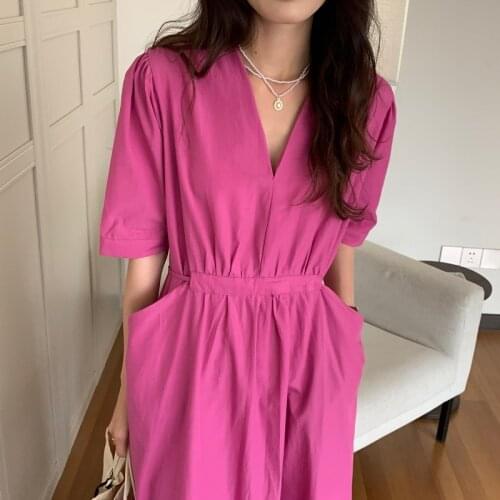 2021 Summer Dress New Fashion Korean High Waist Dress V-neck Short Sleeve Simple Solid Double Pocket Lace Up Waist Vestido 15088