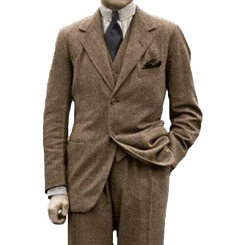 Winter Grey Mens Retro Groom Wear Wedding Suit Business Party Pattern Tweed 3 Pieces (Jacket+Pants+Vest) Male Smoking Blazer