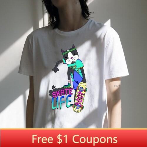 2019 Cartoon Cat Printing Girl Summer T-shirt White Design Short Sleeves Street Fashion Style Women T shirt Top&Tees 100% Cotton