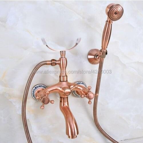 Antique Red Copper Bathroom tub Faucet Bath Faucet Mixer Tap Wall Mounted Hand Held Shower Head Kit Shower Faucet Sets Kna372